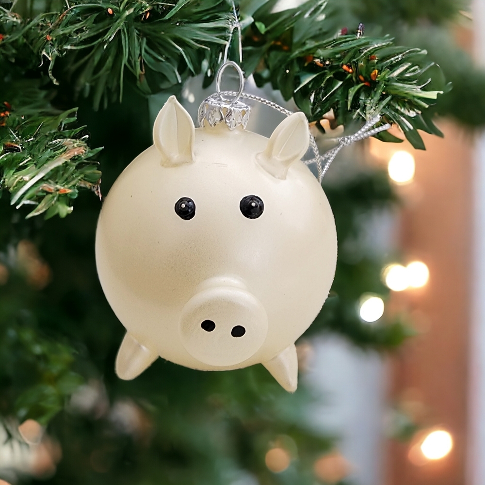 Christmas Pig Ornament 3" Blown Glass Beige Pink Balloon Piggy Holiday Ornament